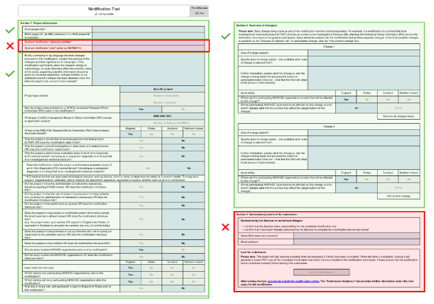 Image of version 2.1 of the Modification Tool showing the sections to be completed by the researcher.